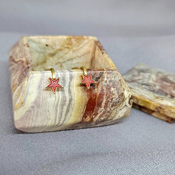 Clip-on Earrings, Red Hearts, Gold tone, Dainty, Petite, Cute - 1/2" - Picture 5 of 6